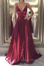 Simple A Line V Neck Backless Burgundy Long Prom Dresses, Backless Burgundy Formal Graduation Evening Dresses