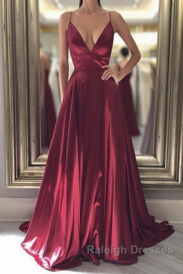 Simple A Line V Neck Backless Burgundy Long Prom Dresses, Backless Bur