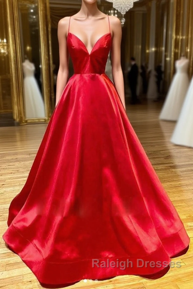 Simple A Line V Neck Backless Red Long Prom Dress, Backless Red Fromal Dress, Red Evening Dress Main image