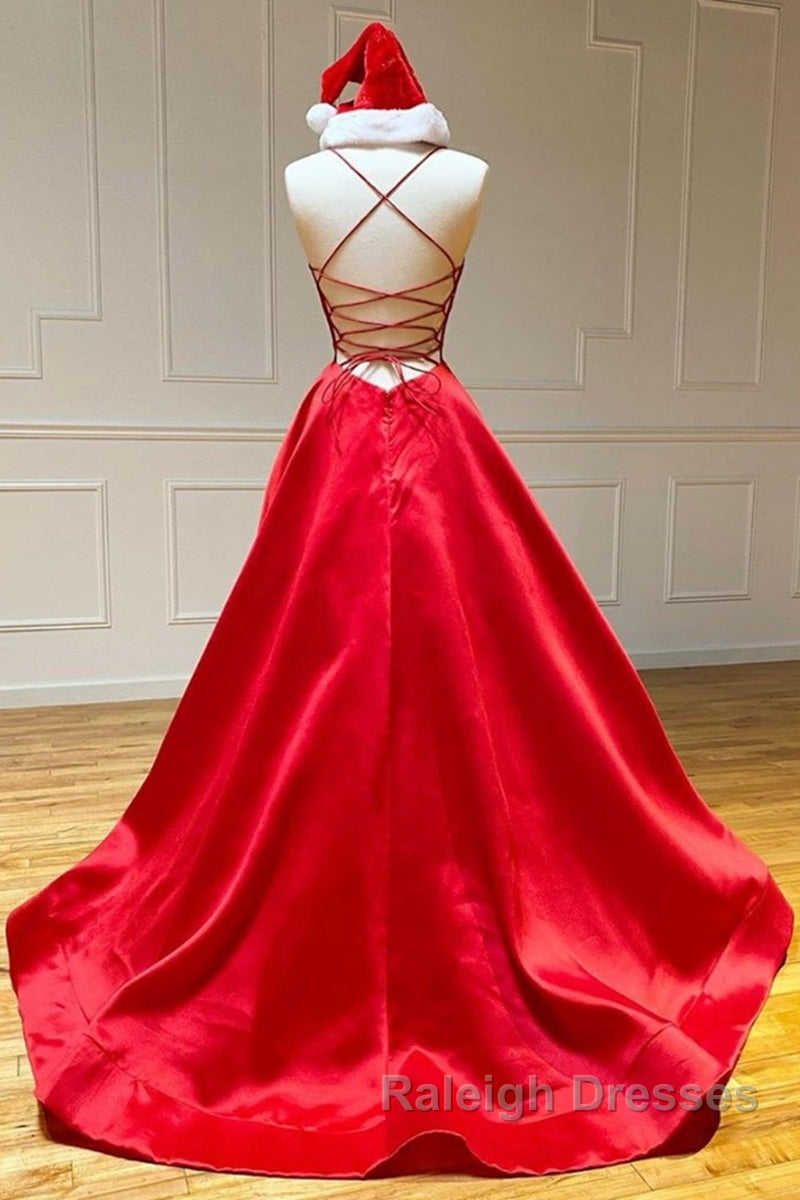 Simple A Line V Neck Backless Red Long Prom Dress, Backless Red Fromal Dress, Red Evening Dress Secondary image