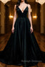Simple A Line V Neck Black Satin Long Prom Dresses, Black Formal Dresses, Evening Dresses 2019