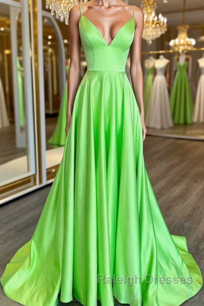Simple A Line V Neck Green Satin Long Prom Dress, V Neck Green Formal Graduation Evening Dress Main image