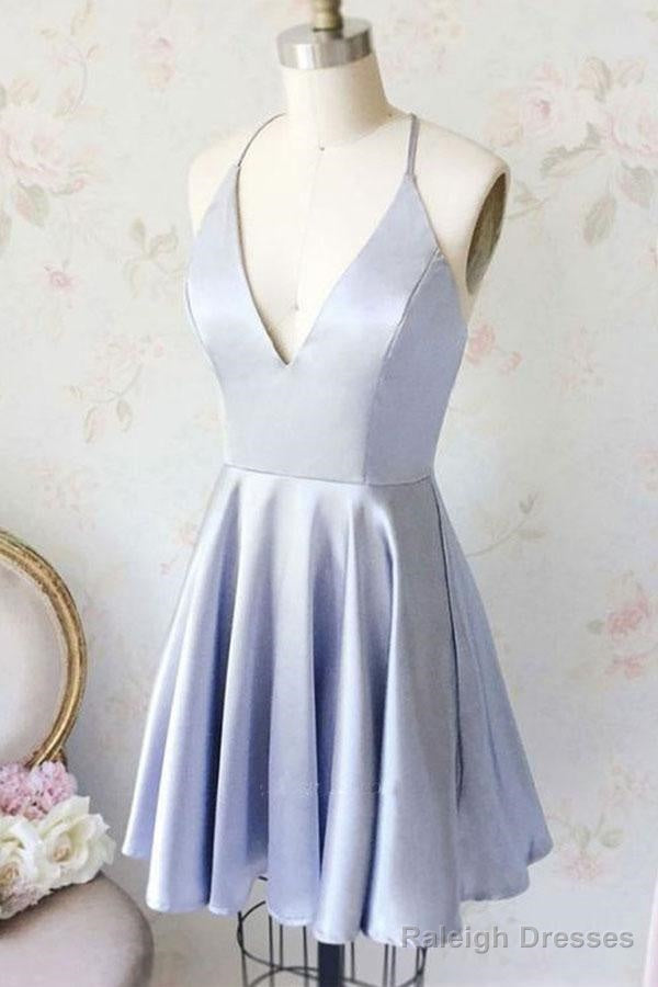 Simple A Line V Neck Light Blue Satin Homecoming Dresses With Pockets Main image