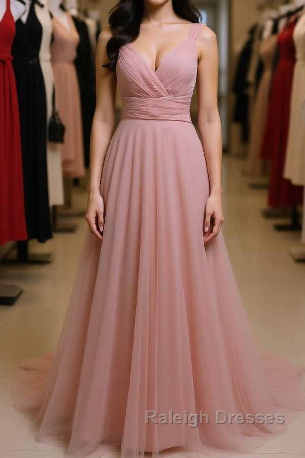 Simple A Line V Neck Pink Tulle Long Prom Dress Bridesmaid Dress, V Neck Pink Formal Dress, Pink Evening Dress Main image