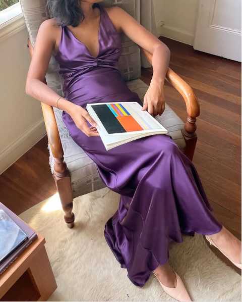 Simple A-Line V Neckline Grape Satin Prom Dress Long Prom Dresses