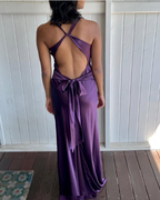 Simple A-Line V Neckline Grape Satin Prom Dress Long Prom Dresses