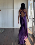 Simple A-Line V Neckline Grape Satin Prom Dress Long Prom Dresses