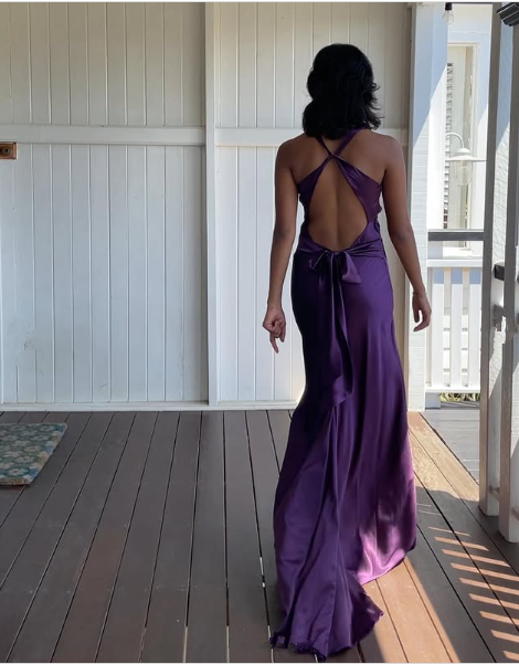Simple A-Line V Neckline Grape Satin Prom Dress Long Prom Dresses