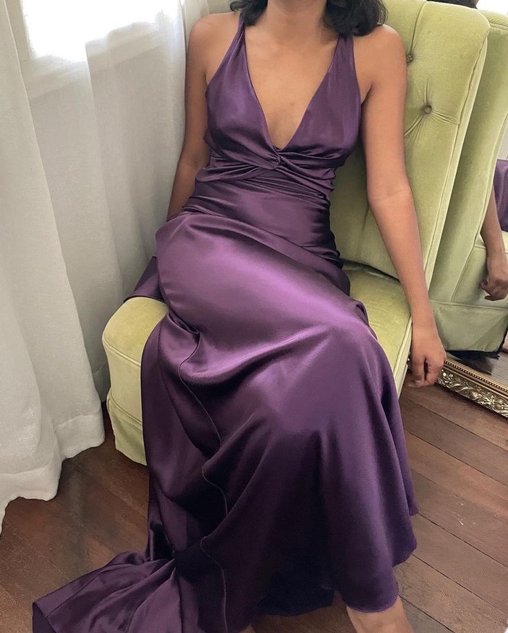 Simple A-Line V Neckline Grape Satin Prom Dress Long Prom Dresses