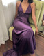 Simple A-Line V Neckline Grape Satin Prom Dress Long Prom Dresses