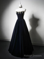 Simple A-Line Velvet Dark Blue Long Prom Dress with Beads