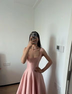 Simple And Elegant Pink A-Line Square Neck Halter Satin Formal Prom Dress