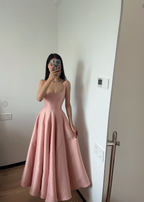 Simple And Elegant Pink A-Line Square Neck Halter Satin Formal Prom Dress