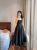 Simple And Elegant Pink A-Line Square Neck Halter Satin Formal Prom Dress