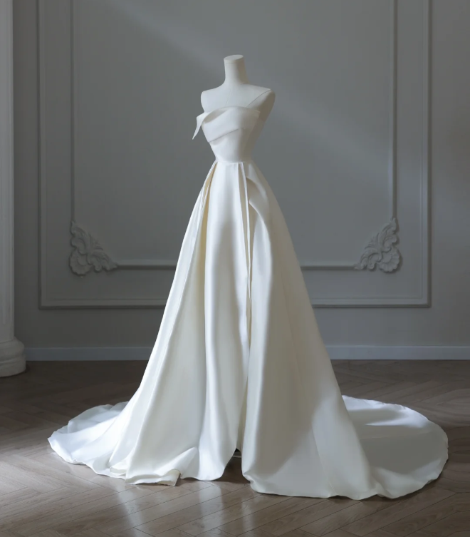 Simple And Elegant White Satin A-Line Wedding Dress
