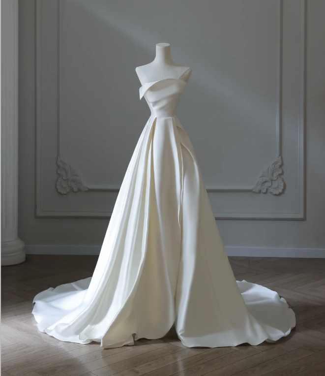 Simple And Elegant White Satin A-Line Wedding Dress