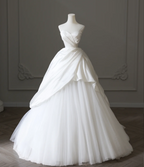 Simple And Elegant White Sweetheart Neckline Satin Tulle A-Line Floor-Length Wedding Dress