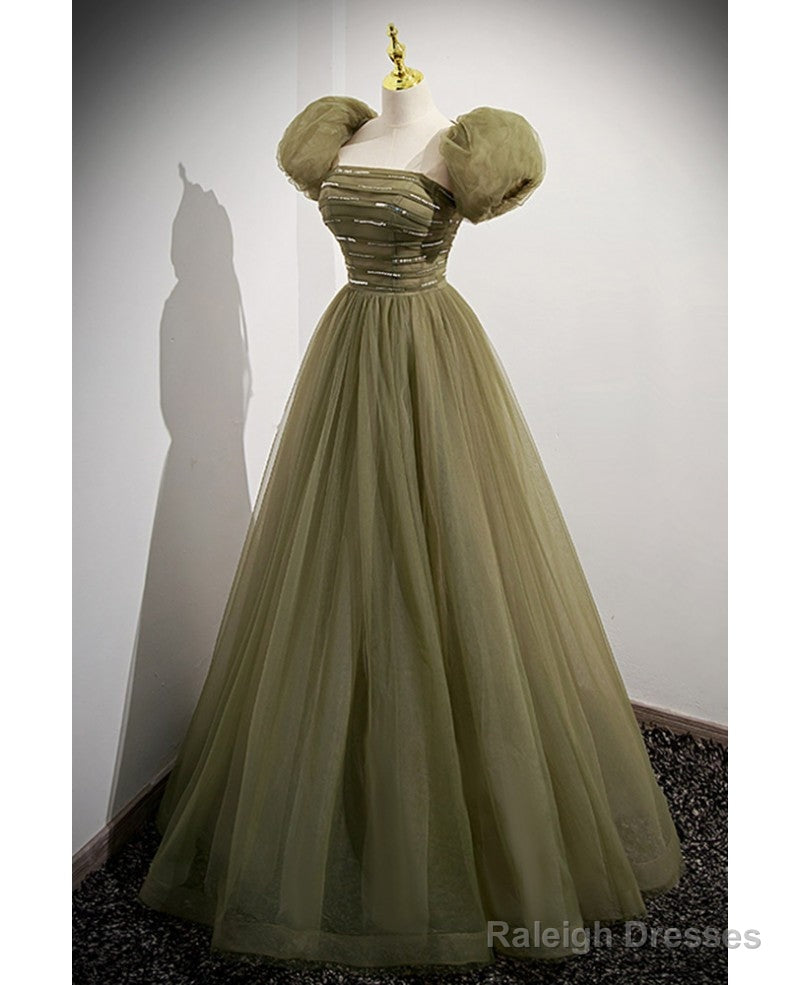Simple And Minimalist Clover Green Square Neckline Fluffy Short Sleeved Sequin Ball Dresses In Clover A-Line Princess Backless And Ground Length Prom Dresses Secondary image