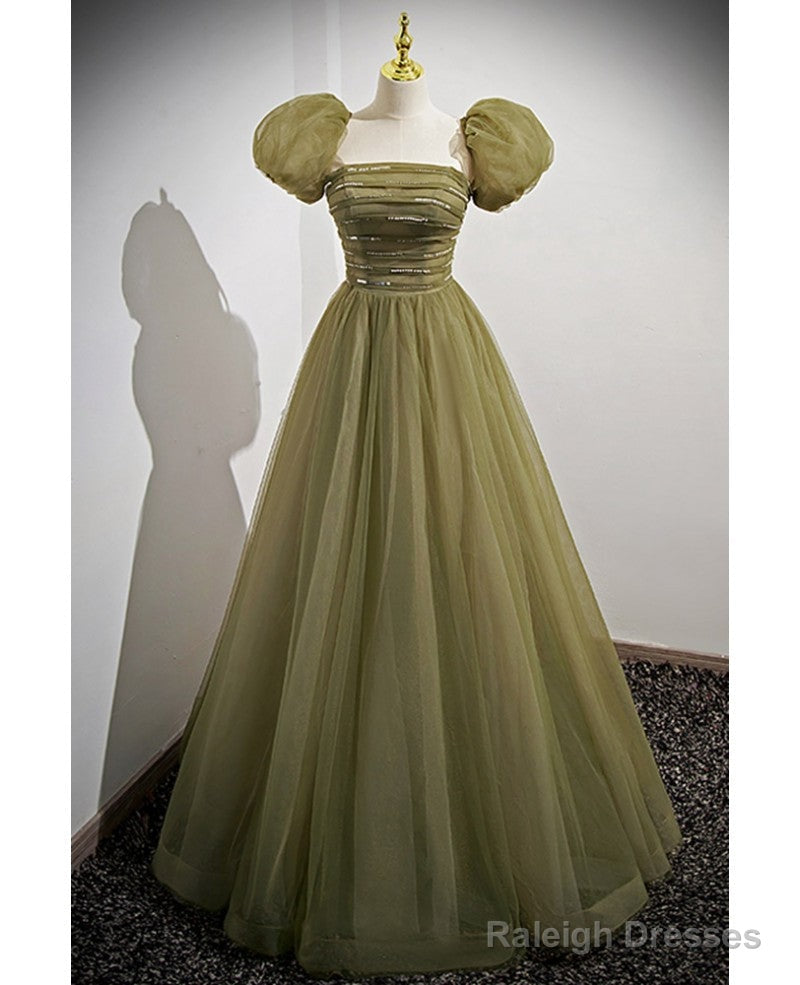 Simple And Minimalist Clover Green Square Neckline Fluffy Short Sleeved Sequin Ball Dresses In Clover A-Line Princess Backless And Ground Length Prom Dresses Main image