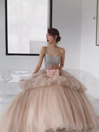 Simple Ball Gown Champagne Tulle Prom Dresses Evening Dress