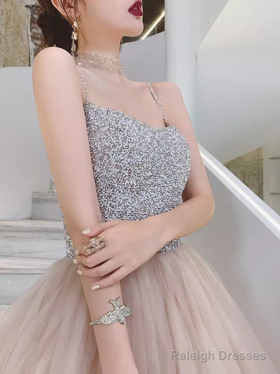 Simple Ball Gown Champagne Tulle Prom Dresses Evening Dress