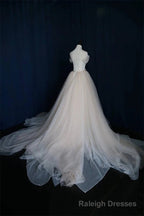 Simple Ball Gowns Lace-up Ivory Tulle Off-the-shoulder Wedding Prom Dress, Ivory Formal Dress