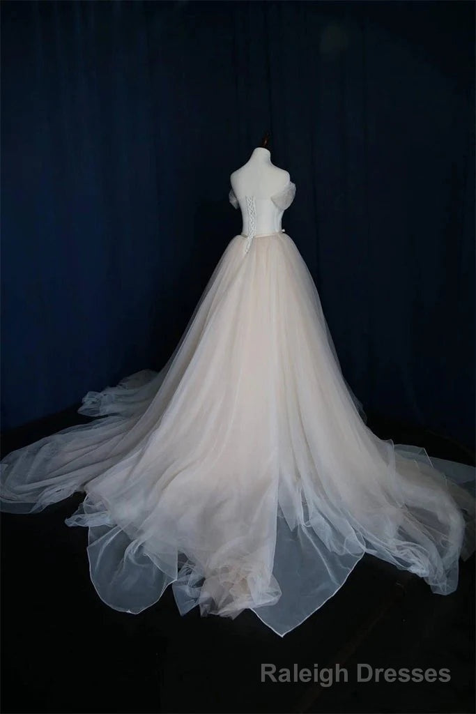 Simple Ball Gowns Lace-up Ivory Tulle Off-the-shoulder Wedding Prom Dress, Ivory Formal Dress