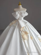 Simple Ball Gowns Strapless Sleeveless Satin White Wedding Dress Brides Dresses With Bow