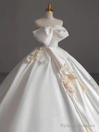 Simple Ball Gowns Strapless Sleeveless Satin White Wedding Dress Brides Dresses With Bow