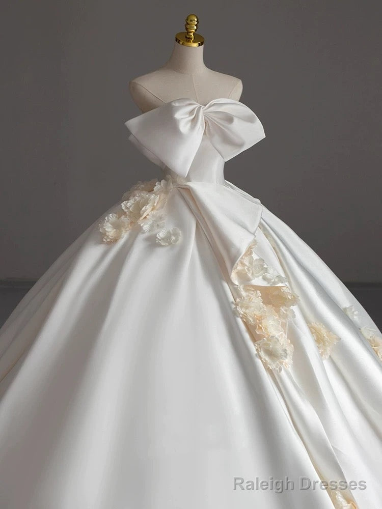 Simple Ball Gowns Strapless Sleeveless Satin White Wedding Dress Brides Dresses With Bow
