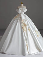 Simple Ball Gowns Strapless Sleeveless Satin White Wedding Dress Brides Dresses With Bow