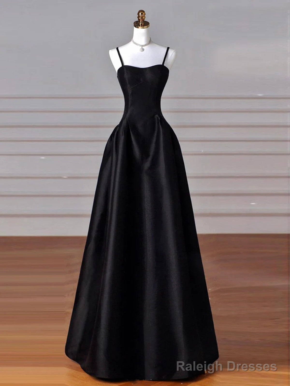 Simple Black A-Line Satin Straps Long Party Dress, Black Satin Prom Dress Main image