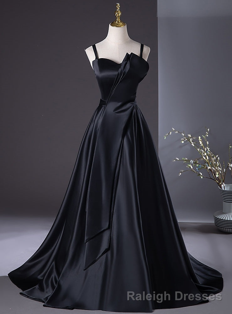 Simple Black Straps Pleats Prom Dress