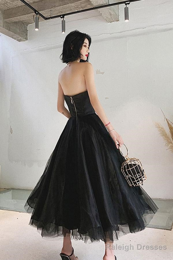Simple Black Tea Length Prom Dress Black Tulle Homecoming Dress