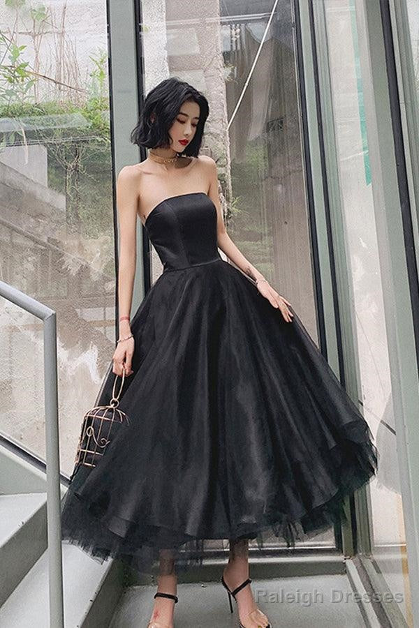 Simple Black Tea Length Prom Dress Black Tulle Homecoming Dress