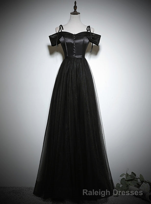 Simple Black Tulle Satin Spaghetti Straps Button Prom Dress Main image