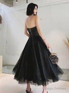 Simple Black Tulle Tea Length Prom Dresses Black Prom Dresses