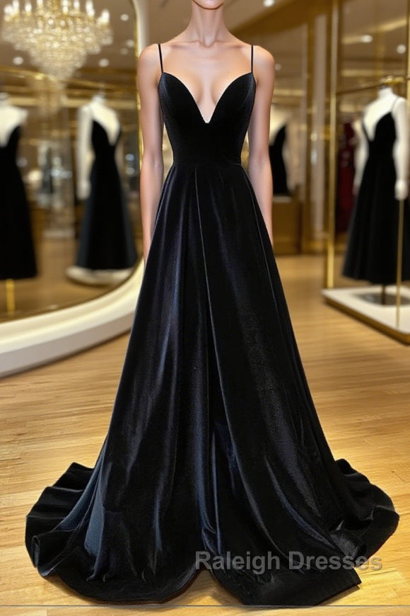 Simple Black velvet long prom dress, black evening dress