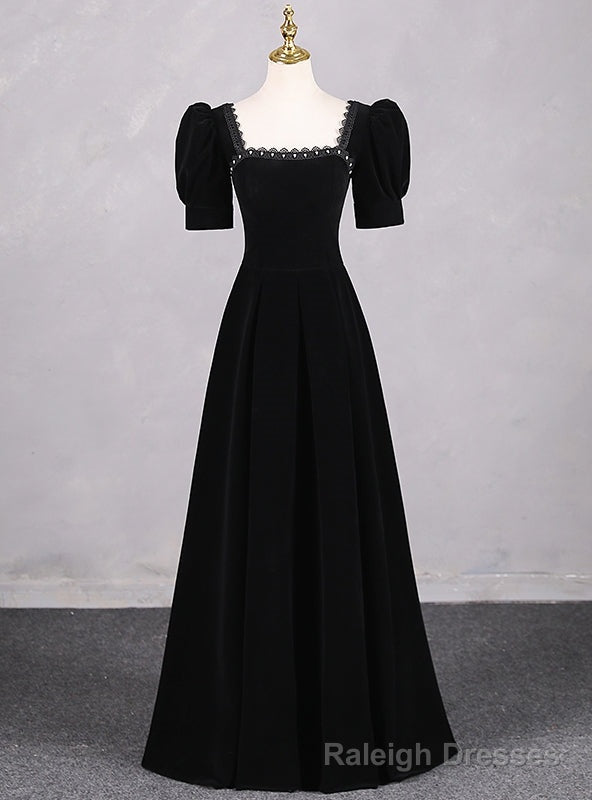 Simple Black Velvet Short Sleeve Square Neck Prom Dress Main image