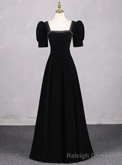 Simple Black Velvet Short Sleeve Square Neck Prom Dress