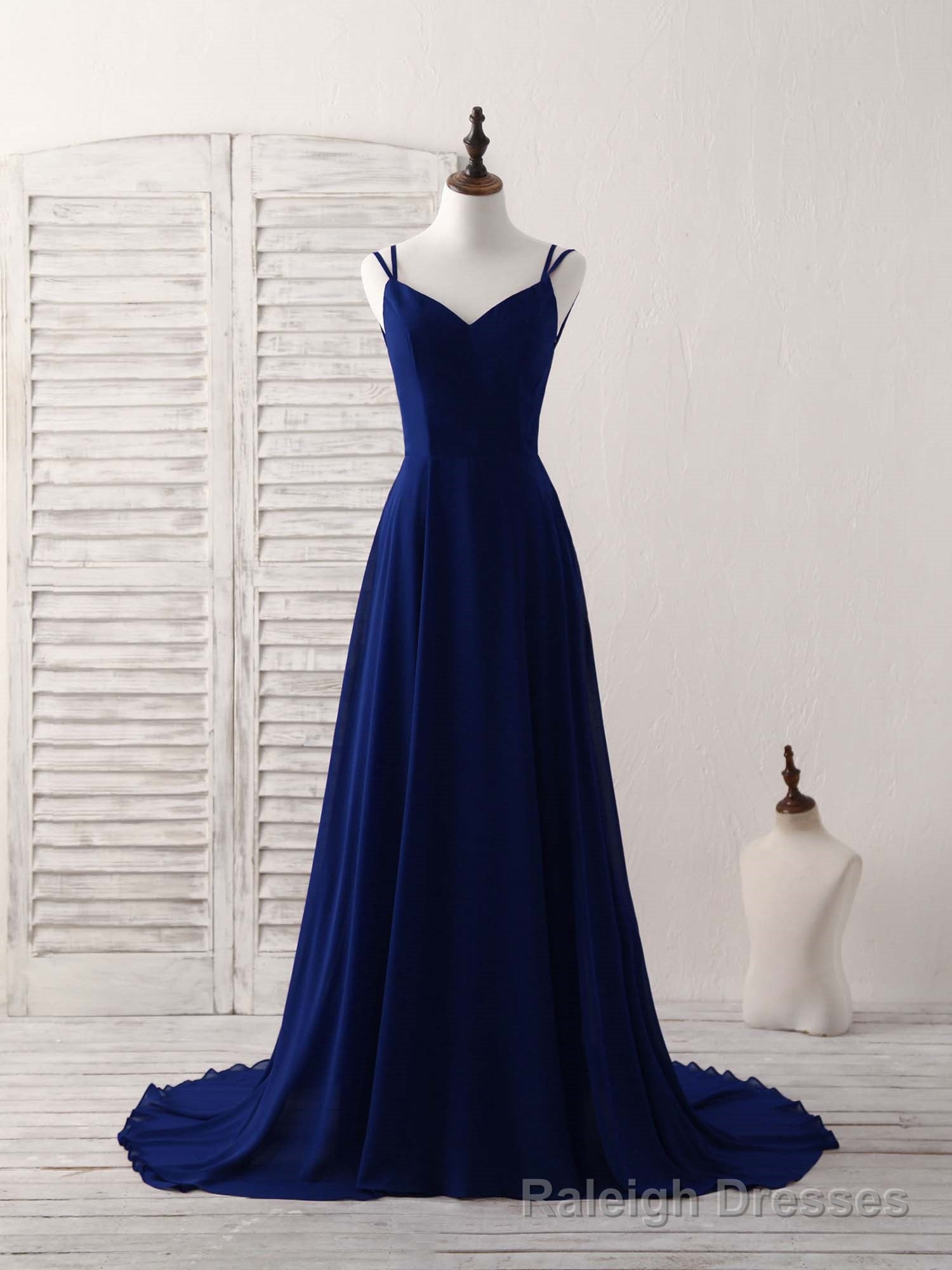 Simple Blue Chiffon Long Prom Dress Backless Blue Evening Dress