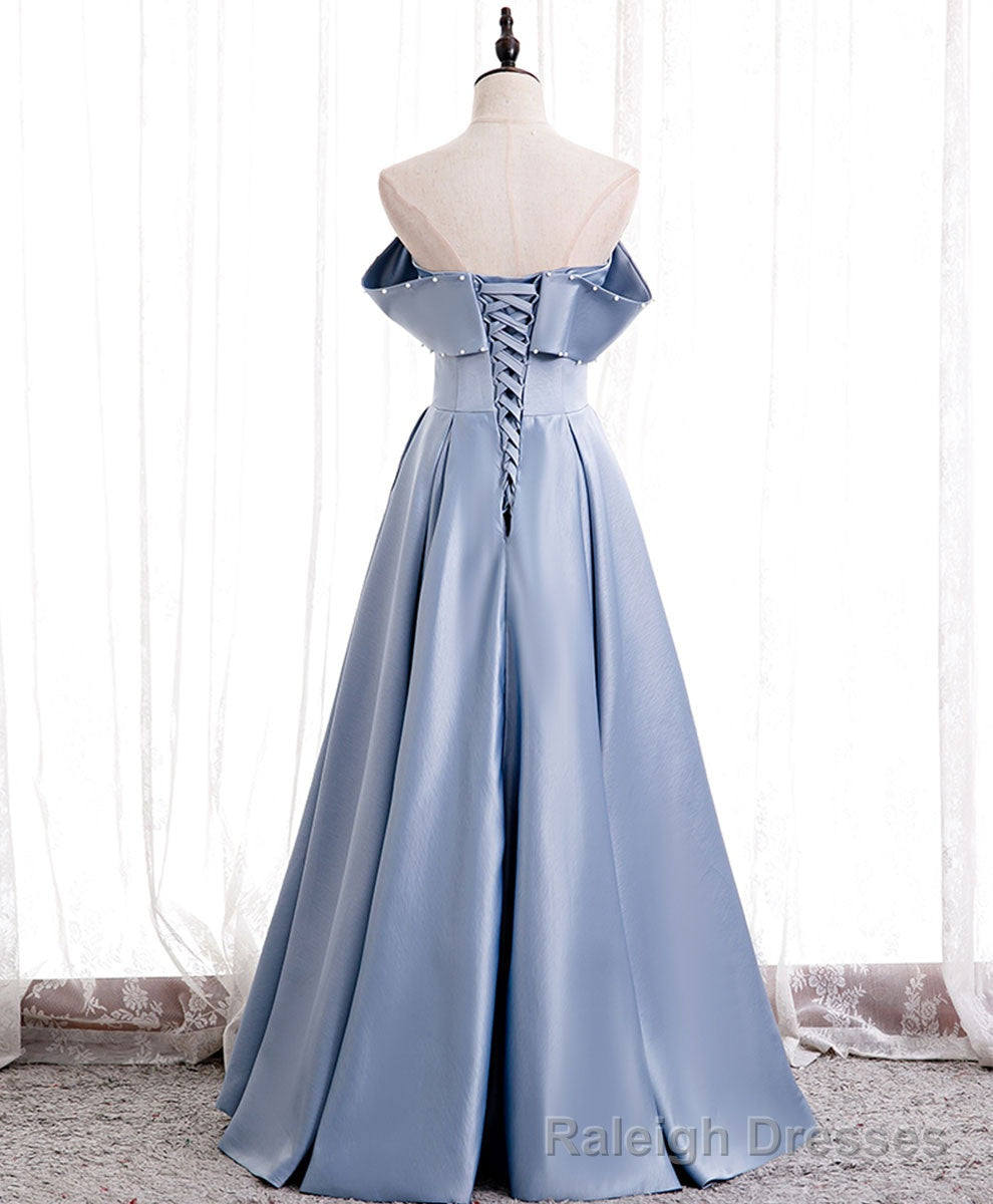 Simple Blue Off Shoulder Satin Long Prom Dress Blue Bridesmaid Dress