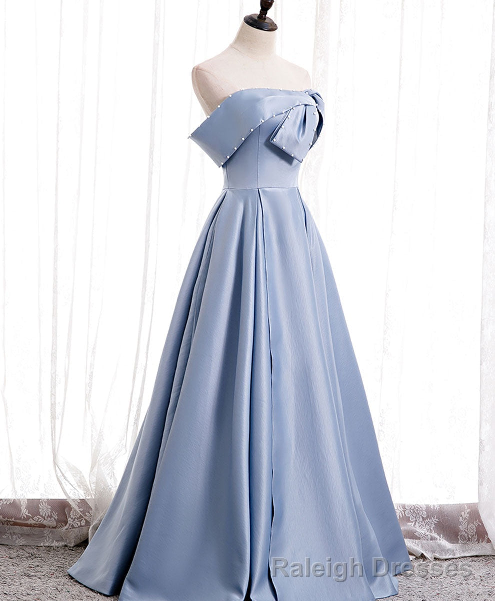 Simple Blue Off Shoulder Satin Long Prom Dress Blue Bridesmaid Dress Main image