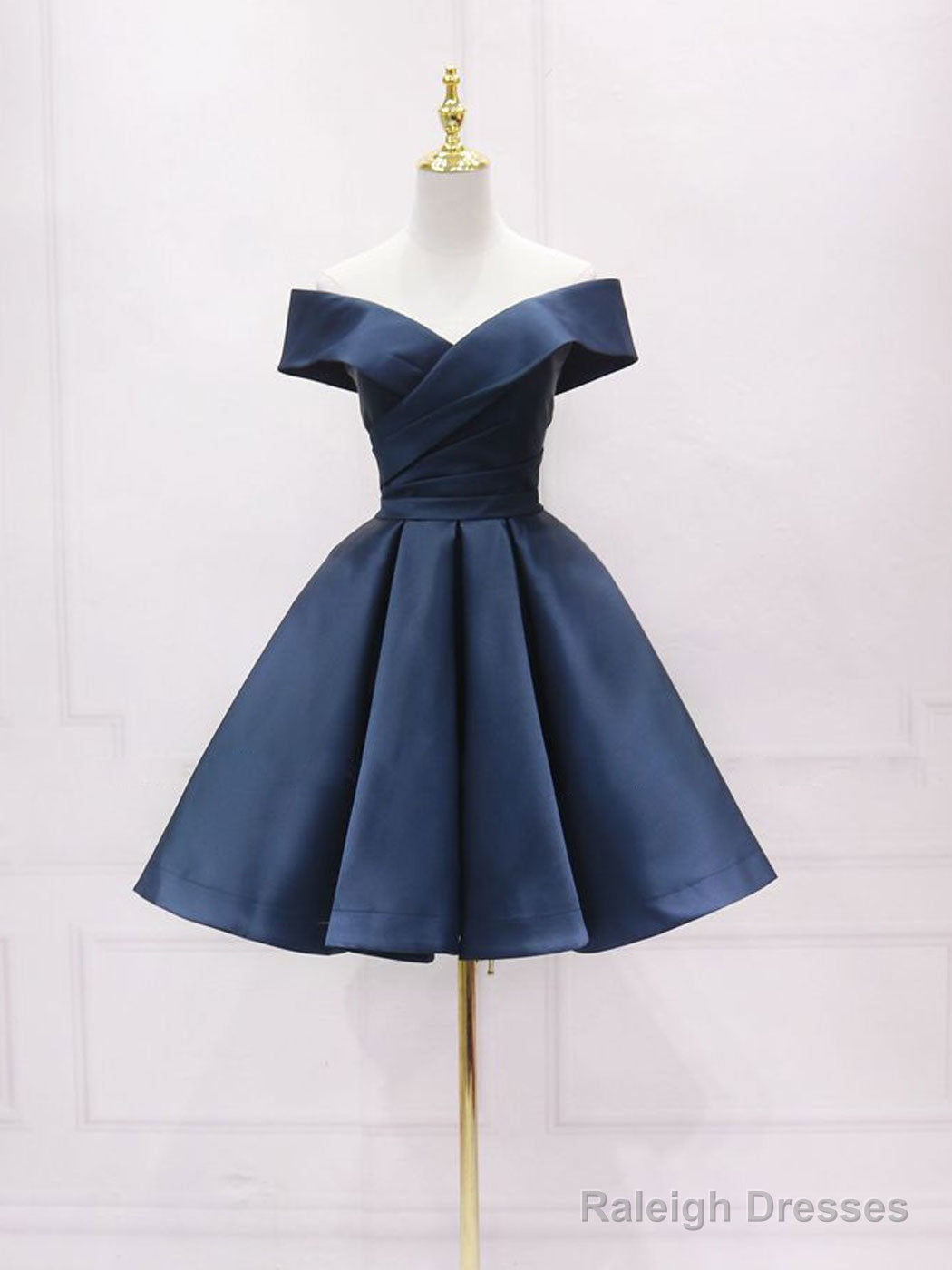 Simple Blue Off Shoulder Satin Short Prom Dresses Blue Bridesmaid Dresses Main image