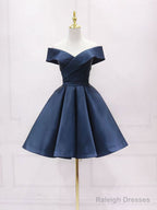 Simple Blue Off Shoulder Satin Short Prom Dresses Blue Bridesmaid Dresses