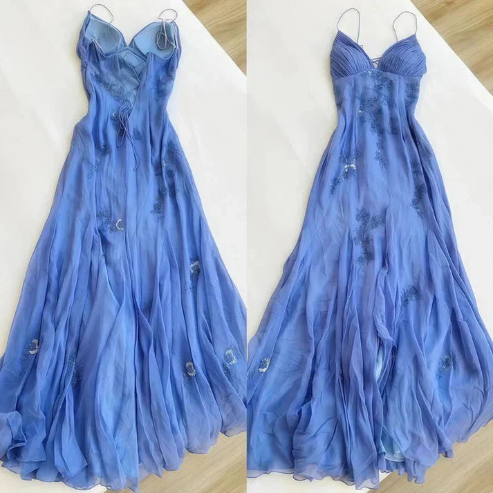 Simple Blue Spaghetti Straps Long Backless Prom Dresses