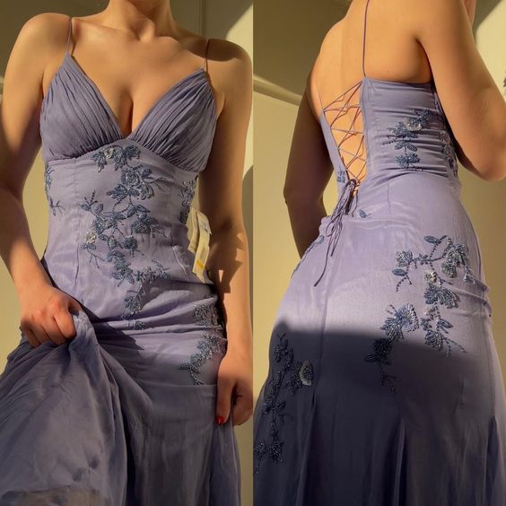 Simple Blue Spaghetti Straps Long Backless Prom Dresses
