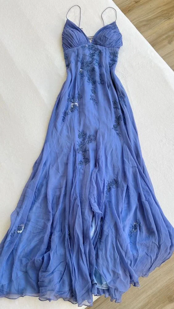 Simple Blue Spaghetti Straps Long Backless Prom Dresses