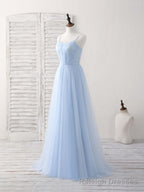 Simple Blue Tulle Long Prom Dress Blue Bridesmaid Dress