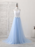 Simple Blue Tulle Long Prom Dress, Blue Tulle Prom Dress
